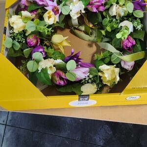 26" Floral Tulip Wreath with Purple and Cream Accents Indoor Or Outdoor